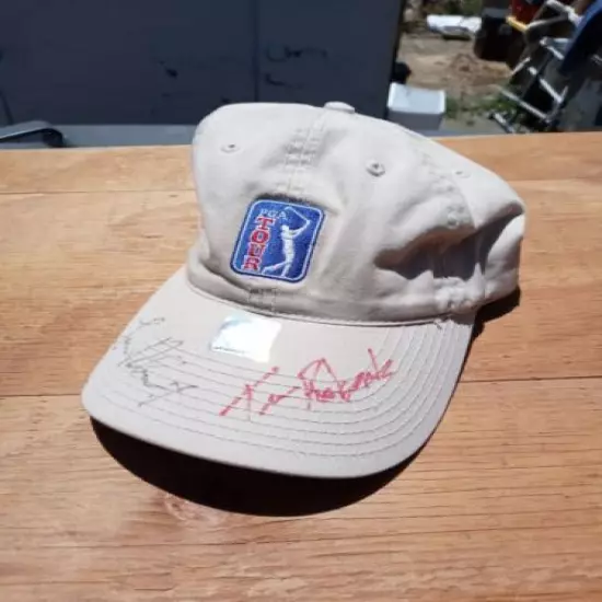 pga tour golf hat beige 2 autographs no coa adjustable Cap Nice