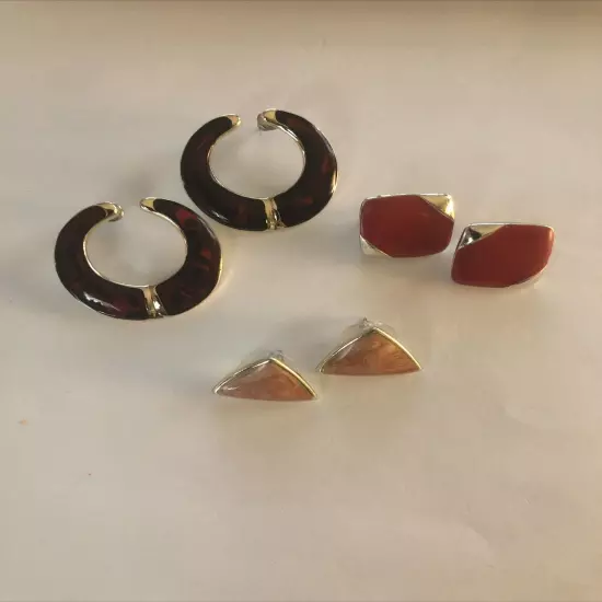 Lot of 3 Pairs Pierced Earrings, Stud Post, Gold, Silver Tone, Enamel Finish