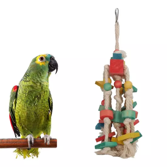 Parrot Chewing Toy Colorful Wood Blocks Bird Bite Toy with Hanging Hook