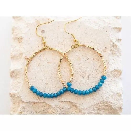 Blue Apatite Sparkly Gold Hoop Earrings dangle party earrings vacation jewelry