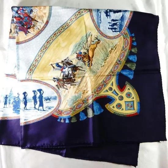 HERMÈS Scarf Carres 90 Purple Beige Silk Horse Rider Animal Women France