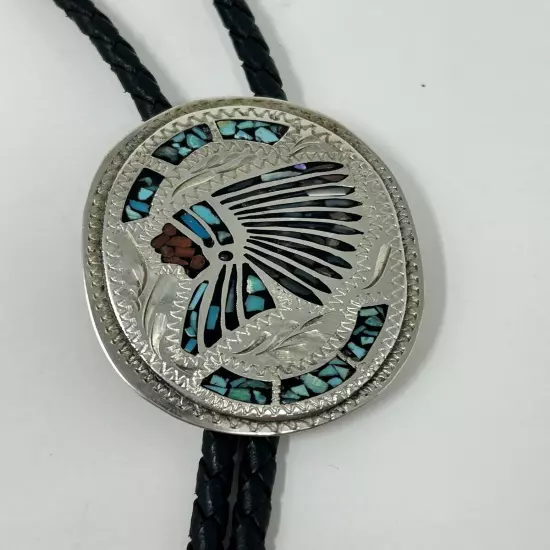 VTG Native AmericanIndian Chiet Bolo Tie, Turquoise, Signed DT HANDCRAFTED