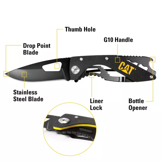 Cat 6-1/4 Inch Folding Skeleton Knife with Bottle Opener and Black Blade -