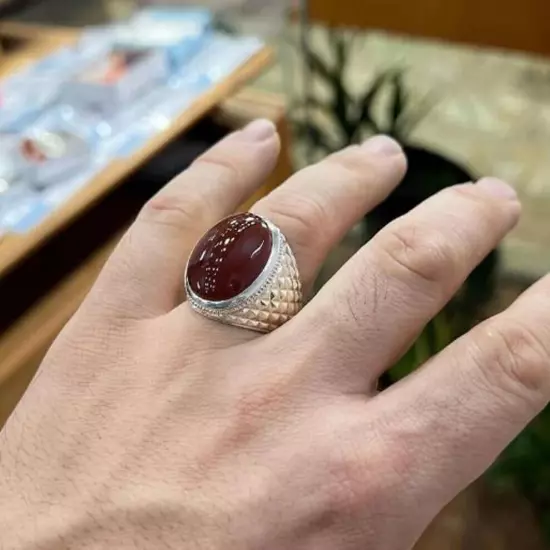 Blood Red Aqeeq Ring Sterling Silver Natural Mens Agate Ring Big Yemeni Aqeeq