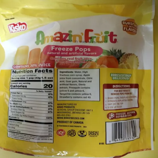 KISKO AMAZIN' FRUIT Freeze Pops NATURALLY FLAVORED Pineapple Tangerine Strawbrr