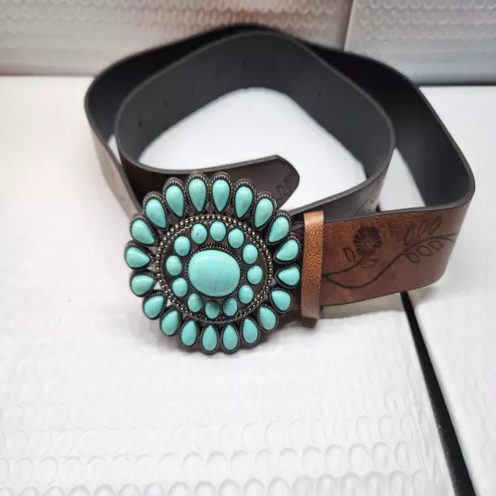 Ladies Leather Belt with Turquoise Color Flower Belt Buckle - Western - 45"