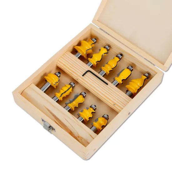 10Pcs 1/2'' Shank Woodworking Milling Tool Architectural Molding Router Bits Set