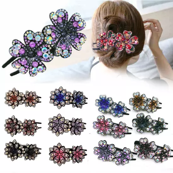 Ladies Rhinestone Double Flower Hair Clip Barrettes Crystal Comb Large Catch 1x-