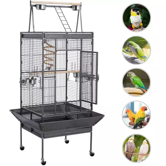 68.5'' Play Top Parrot Cage Metal Rolling Birdcage, Black