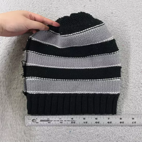 Beanie Toque Adult One Size Gray Black Knit Striped 100% Acrylic Snow Ski Pom