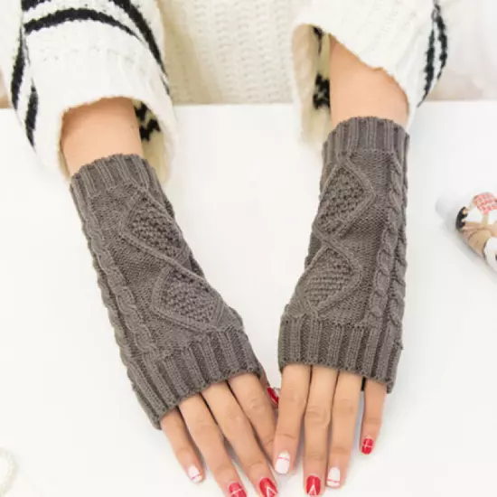 Knitted Long Fingerless Gloves Arm Sleeves Rhombus Crochet Half Finger Gloves