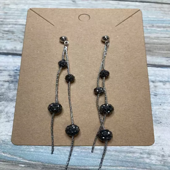 Black Crystal Mini Balls Silver Chain EARRINGS Drop Dangle Tassel NWOT 3"