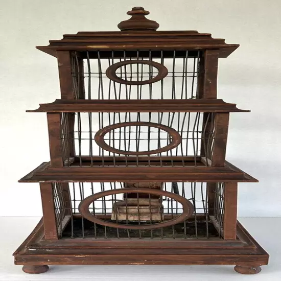 Vintage Bird Cage 30" Pagoda Style Brown Wood & Wire Large Floor Standing Cage