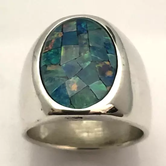 MJG STERLING SILVER MEN'S RING. 18 x 13mm MOZAIC OPAL TRIPLET CAB. SZ 10 1/2