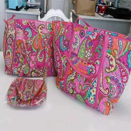 Vera Bradley Pink Swirls Set Lg Duffel, Miller Tote & LG Cosmetic 