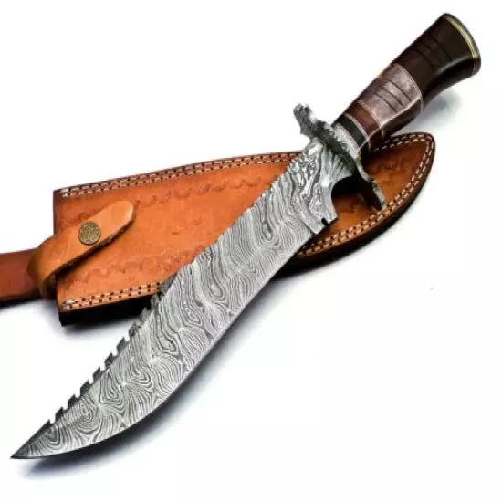 Handmade Damascus Steel 15.5 Inches Bowie Knife - Rose Wood & Bull Horn Handle