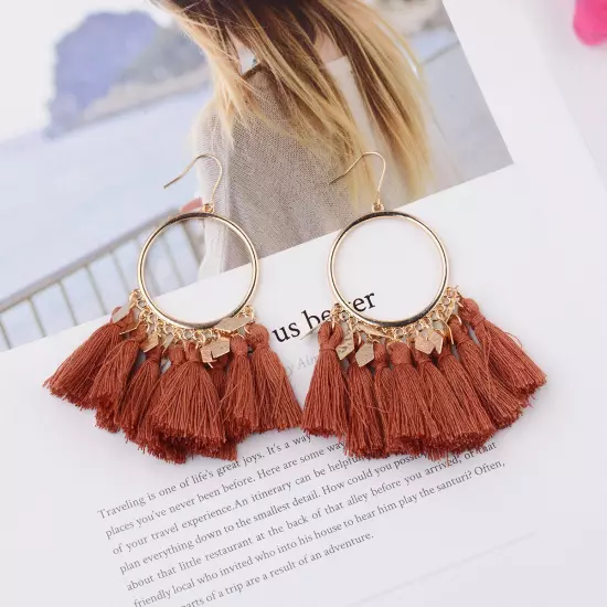 Fashion Women Bohemian Earrings Long Tassel Fringe Drop Dangle Ear Stud Jewelry