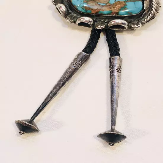 Vtg Bennett Silver Turquoise BOLO TIE w/ Leaf + Aiguillettes C-31 Pat. Pend.