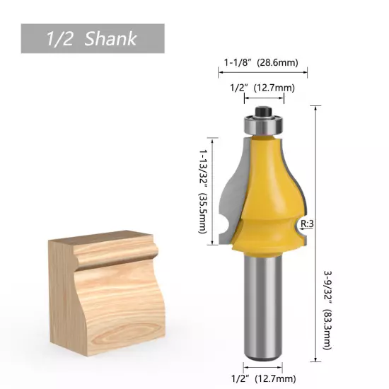 1/2" 12mm Shank Handrail Molding Router Bits Edge Beaded Profile