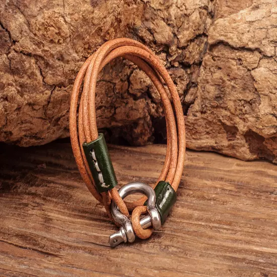 G619 Tan Men's Surfer Genuine Leather Cord Double Wrap Bracelet Bangle Cuff