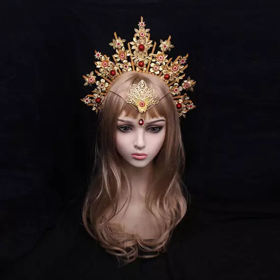 Antique Women Baroque Cross Goddess Halo Crown Headband Virgin Mary Headpieces