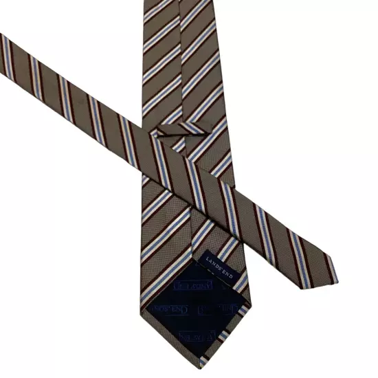 LANDS' END Men's 100% Silk XL 62" Necktie Designer STRIPED Brown/White/Blue EUC