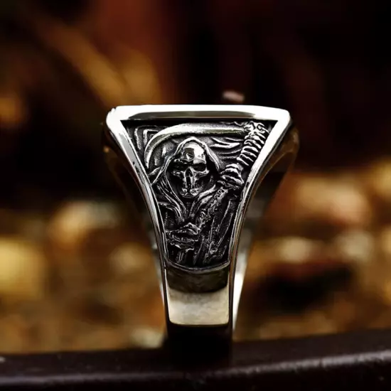 Gothic Death Sickle Skull Ring Stainless Steel Men's Boy's Skull Biker Punk Ring