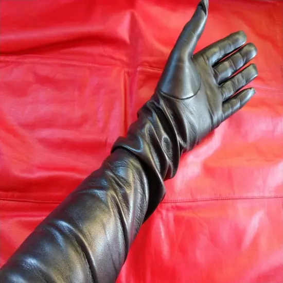 ULTRA LONG Size 8 BLACK UNLINED KID LEATHER GLOVES FORMAL EVENING BOUDOIR