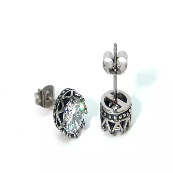 Crown Basket Setting Stud Earrings Brilliant CZ Hypoallergenic Surgical Steel