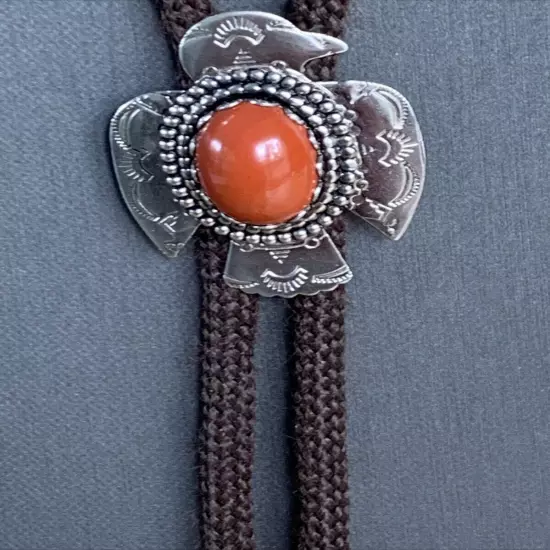 Vintage Native American Carnelian Stone Thunderbird Bolo Tie Brown Cord