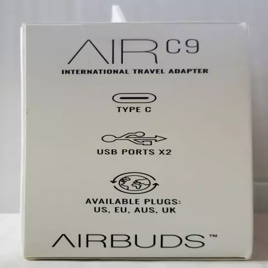 Air C9 International Travel Adaptor By Airbuds. 3 Ports Type C 2 USB