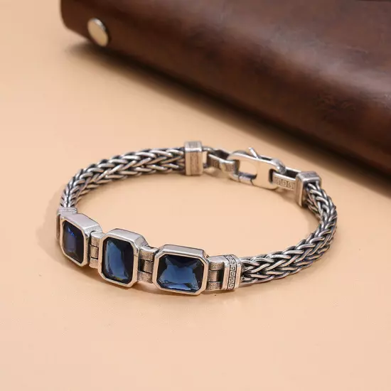 6MM Real 925 Sterling Silver Foxtail Braided Chain Blue Zircon Vintage Bracelet