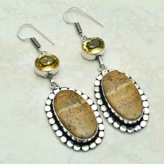 Picture Jasper Citrine Handmade Drop Dangle Earrings Jewelry 2.24" AE-54128