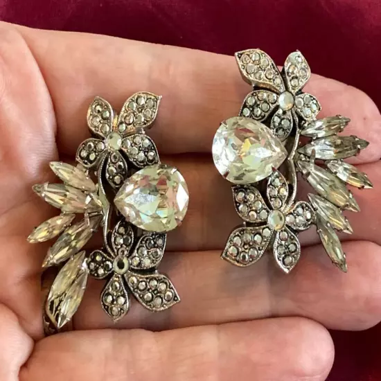 KIRKS FOLLY Clip Earrings Clear Crystal Silver Tone Flowers