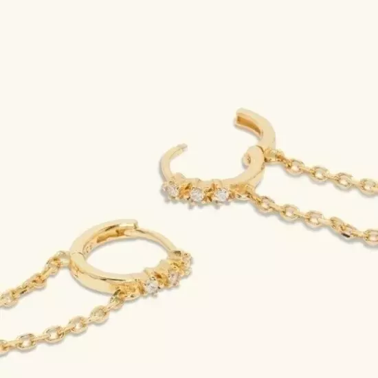 Huggies w/ dangle Chain Cubic Zirconia Gold Huggies Earrings Edgy Modern Pave