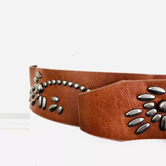 Brown Faux Leather Silver Studded Embellished Womens Belt ~ Size 8P