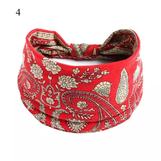 Women Boho Flower Print Wide Headband Vintage Knot Elastic Turban Headwrap *