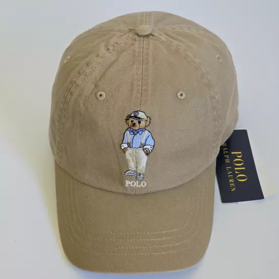 Polo Ralph Lauren Mens Polo Bear Beige Tan Twill Chino Cap Hat Leather Backstrap