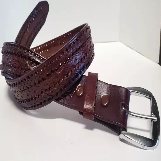 Belt 34 Brown Tooled & Pierced Leather Mexican Cowboy Western Brushed Silver Bkl