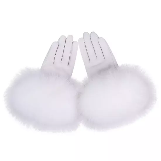 Women Genuine Lambskin Leather Gloves With Real Fox Fur Trim Cuff Winter Warm