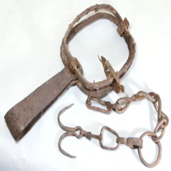 18thC Antique Hand Forged Iron Animal Trap Wrought Jaws and Chain w/ Double Hook