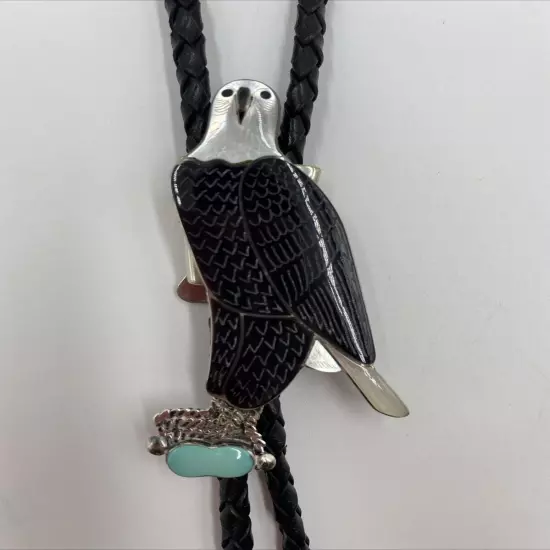 Vintage Zuni Indian Bolo Tie Silver Eagle Abalone, Black Jet Signed!