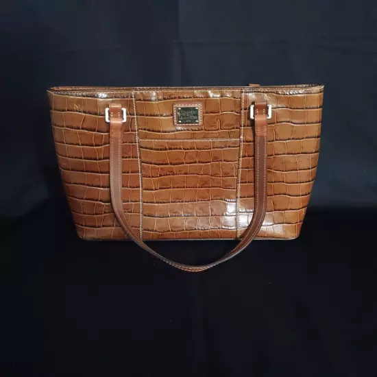 Dooney & Bourke Croc Embossed Leather Tote Large Shoulder Bag Cognac Brown Purse