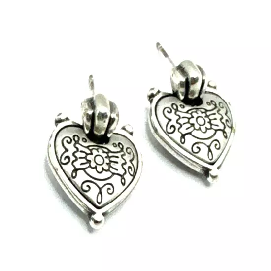 Brighton Flowers Etched Hearts Silver Dangle Retired Post Earrings