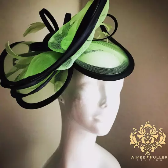 Royal Ascot Hat Kentucky Derby Fascinator Black Lime Green Church Headpiece Big