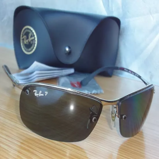 Ray-Ban Polarized RB 3183 Top Bar 004/9A Chrome rimless Gray green lens -Nr.Mint