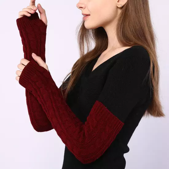 Women Long Half Finger Fingerless Gloves Arm Hand Warmer Knitted Mittens Winter