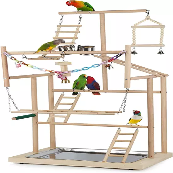 Pet Parrot Playstand Bird Playground Wood Perch Gym 4-Layer Playpen