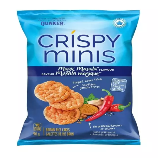 3 Bags Of Quaker Crispy Minis Magic Masala Popcorn Rice Chips 90g Each