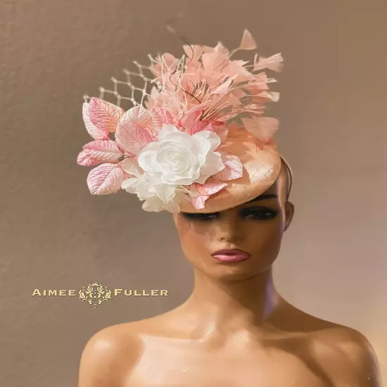 Kentucky Derby Fascinator Pink Satin Ivory White Rose Hat Royal Ascot Bridal Hat